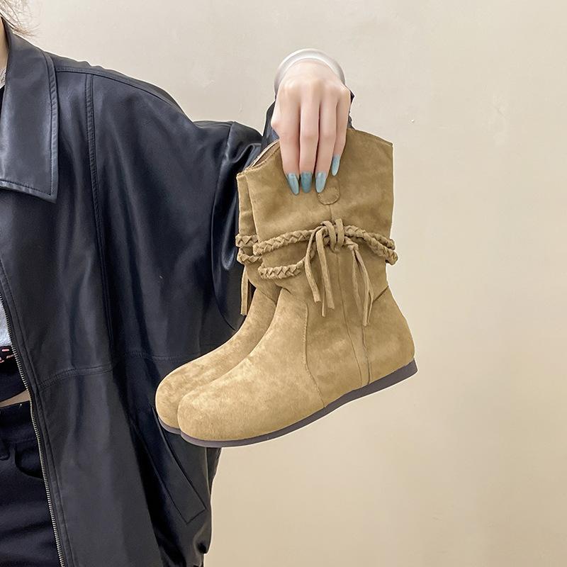 European and American temperament retro versatile round head medium boots women's 2025 autumn and winter new niche straps personalized Martin boots