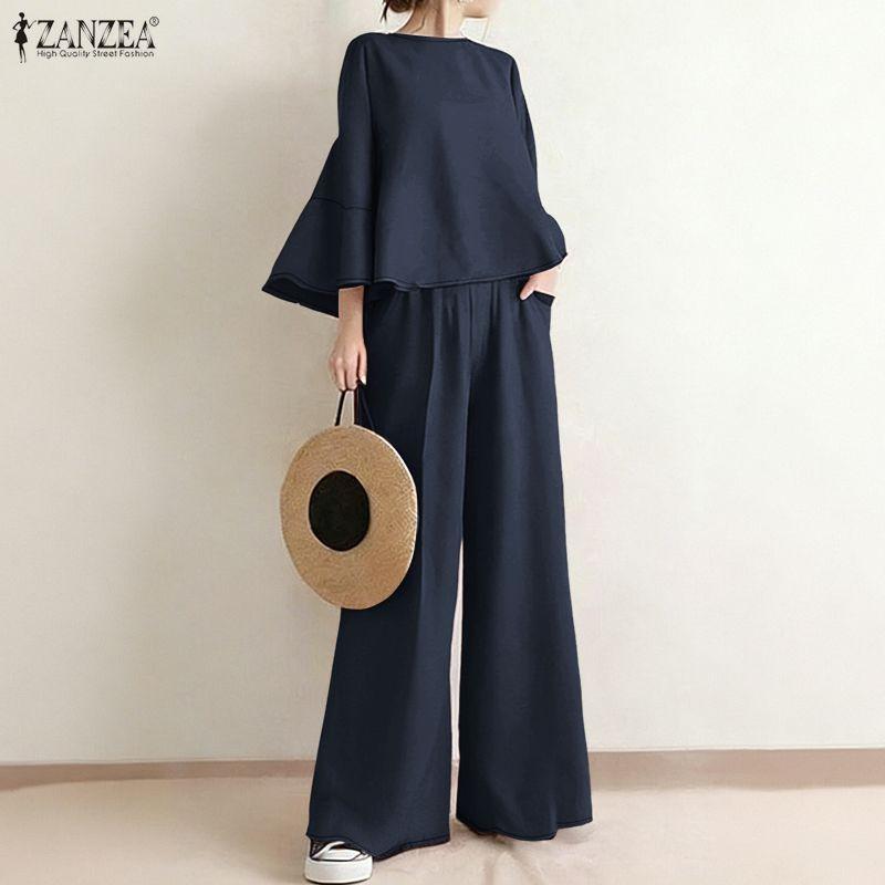 ZANZEA Set de costume casual din două piese pentru femei, cu bluză cu mânecă 3/4 și pantaloni cu picior larg