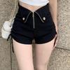 Women's Large Black Wide-Leg Drawstring Zipper A-Line High Waist Casual Shorts - Spring/Summer 2025