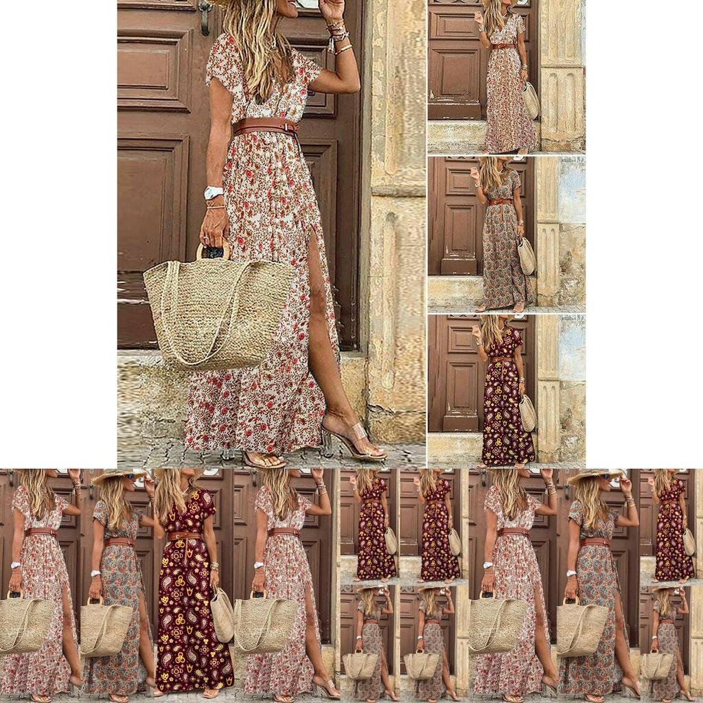 Floral Summer Women Long Maxi Dress Ladies V Neck Boho Beach Holiday Sundress