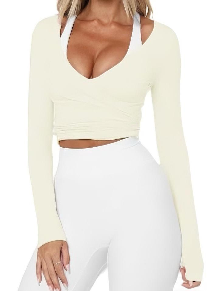 

2026 Women s European & American V-neck Long Sleeve Yoga Cover-up - Skin-friendly, Comfortable Fitness Top Small светло-желтого