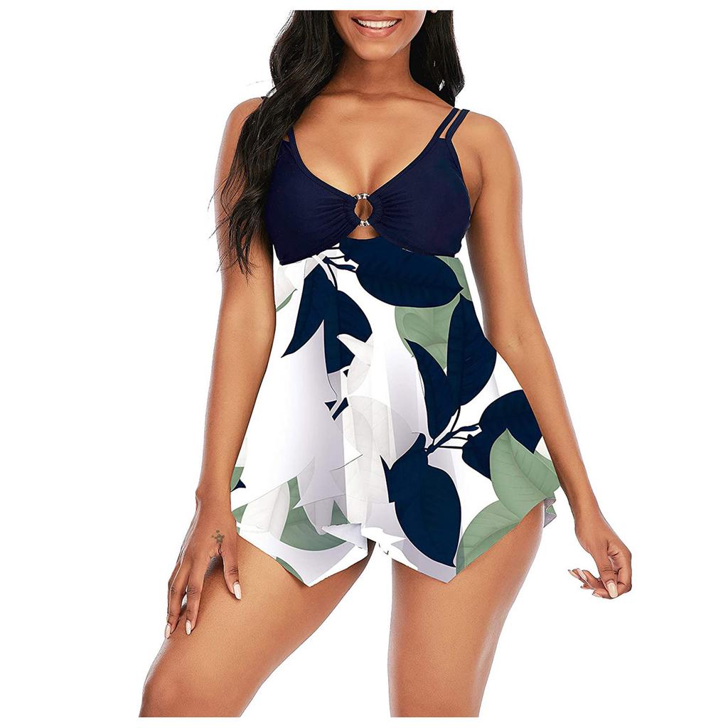 Plus Size Two Piece Swimsuit Women Tankini Set Adjustable Straps Ruched Front with Skirted Bottom Swimwear for Beach Pool