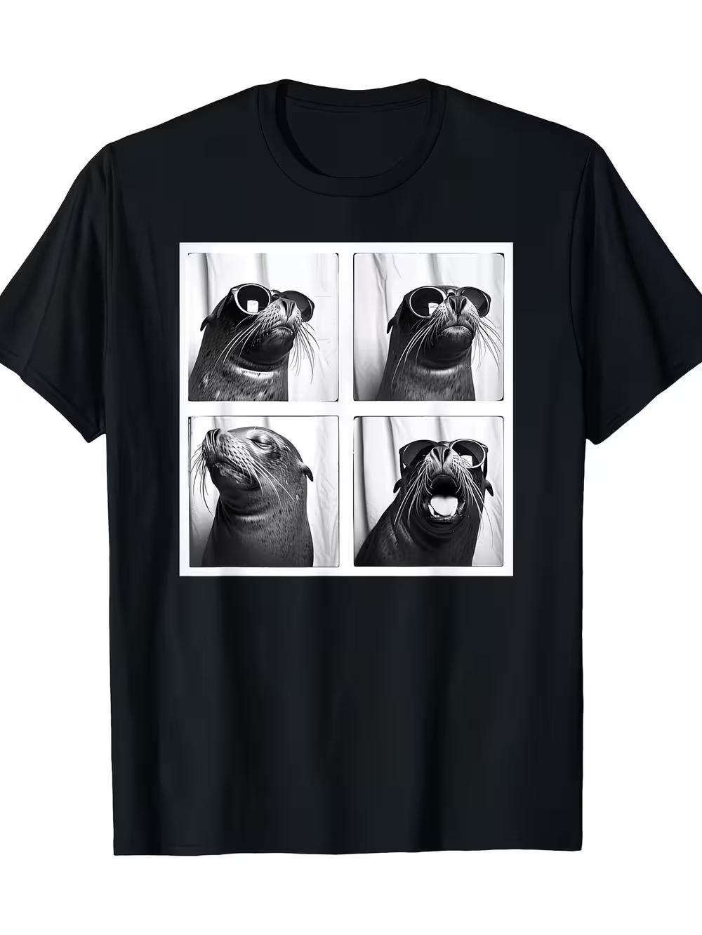 Unisex Black T-Shirt - Humorous Seal Wearing Glasses Graphic Tee S