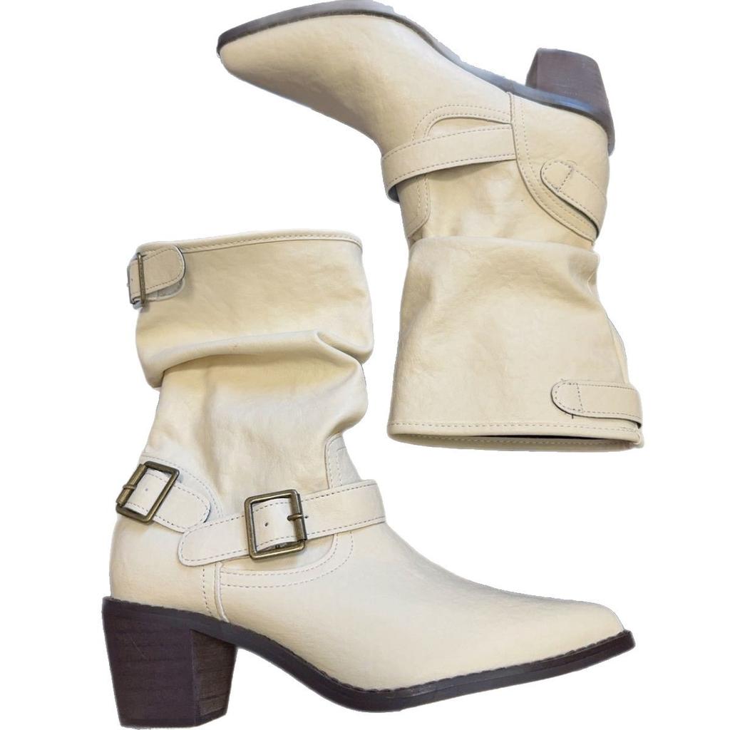 Cowhide version pointed thick heel white short boots women's 2025 new British style belt buckle Martin boots medium tube stacking boots