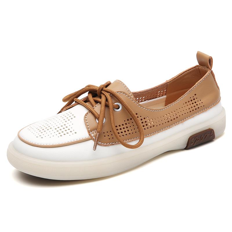 Fashion Circle Boat Shoes Women Genuine Leather Loafers Moccasins Lace-up Flat Shallow Solid Flat with Slip On Sandals Round Toe Ankle F