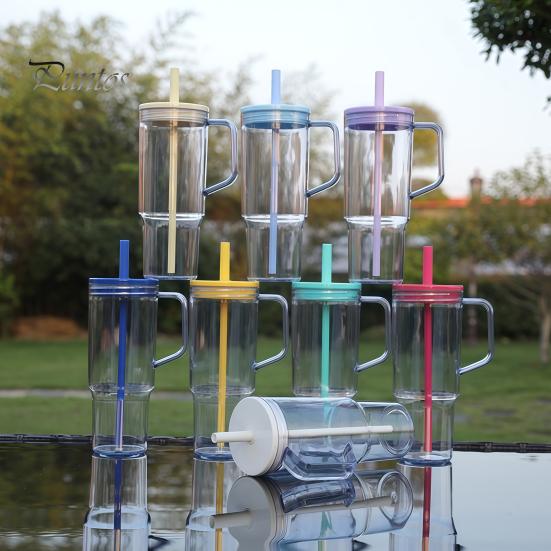 Clear Plastic Water Bottle with Straw And Lid, 40oz Large Capacity Tumbler BPA-free Drinking Cup Handle, Leak Proof Sports for School Travel Reusable
