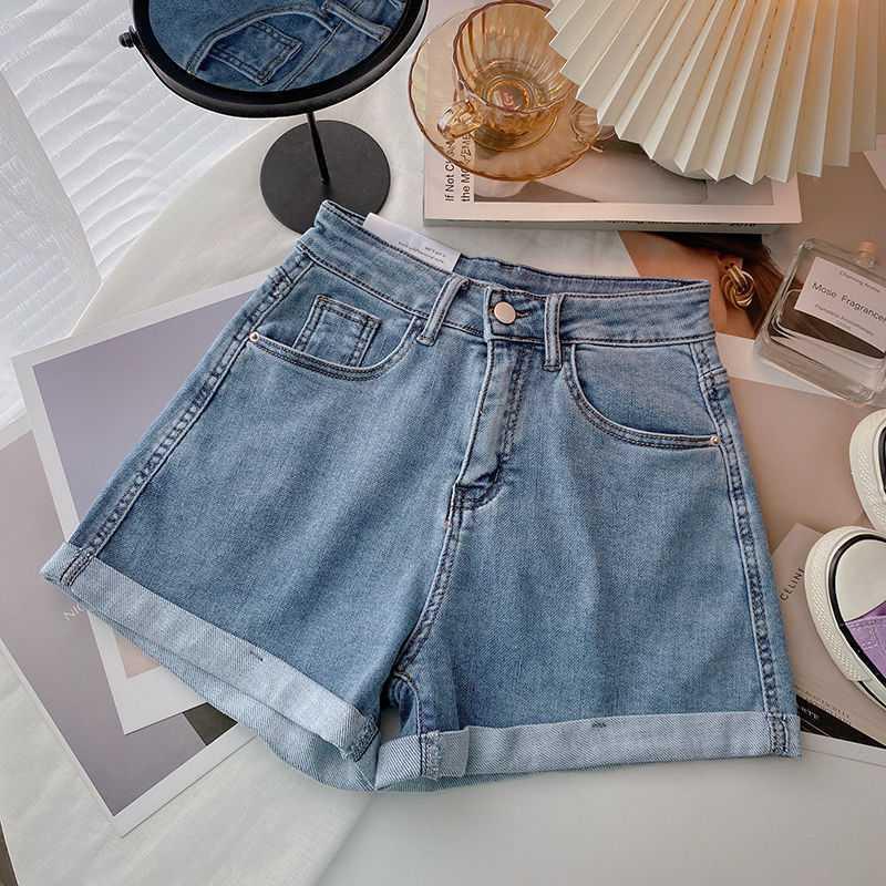 

High Waist Loose A-Line Denim Shorts for Women - Trendy Rolled Hem, Slim Fit, Casual & Versatile Large светло-синий