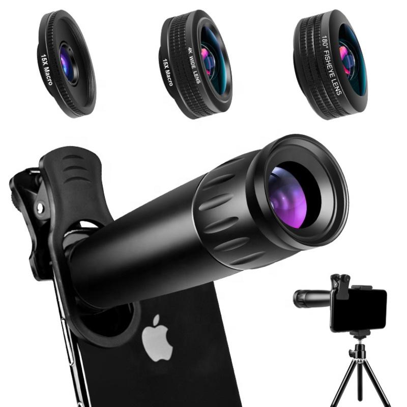 Mobile Phone Telescope Photography Gadgets 22X Telescope Fisheye Wide Angle Macro 4 in 1 Mobile Phone Camera Lens Kit