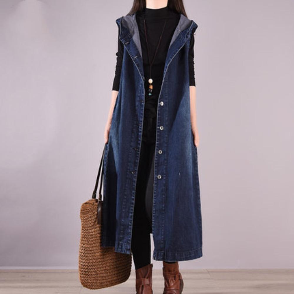 Gilet Lungo di Jeans con Cappuccio da Donna Senza Maniche Bottoni Vestibilità Larga Casual