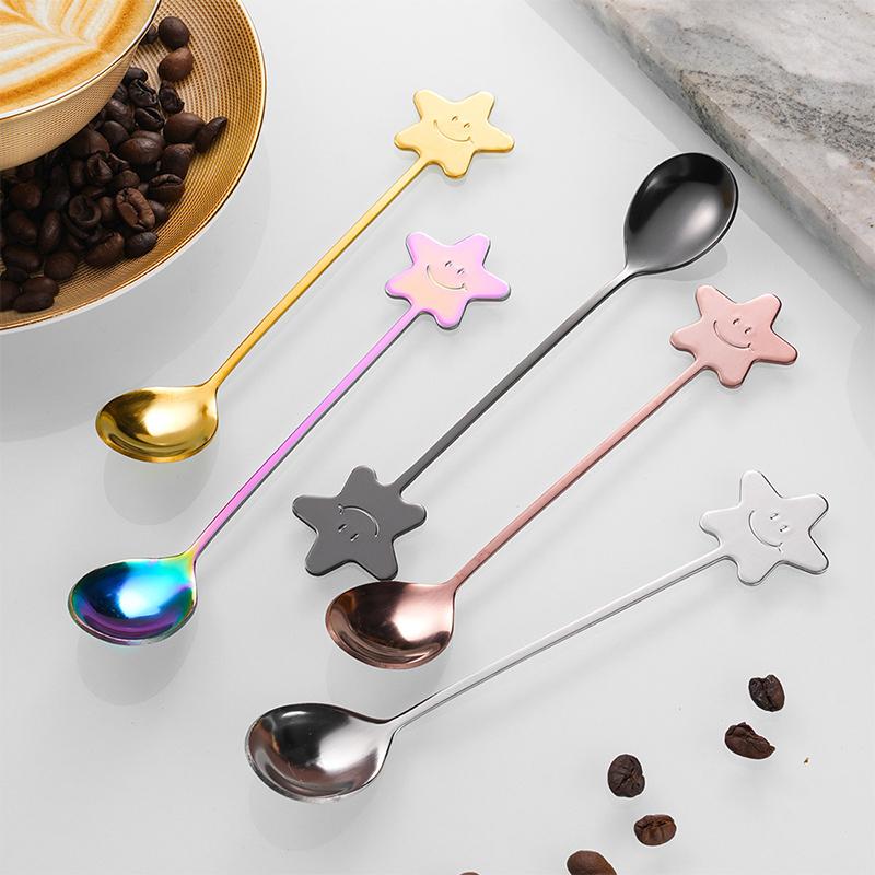 1pc Star Smiley Face Spoon, Cute Stainless Steel Mixing Spoon, Coffee Spoon, Five Pointed Star Cake Dessert Spoon
