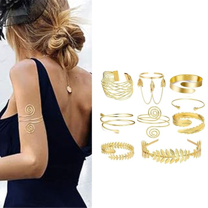 Assorted Open Cuff Bracelet Set, 8 Metal Arm and Wrist Accessories with Mixed Leaf, Wire and Chain Design Details