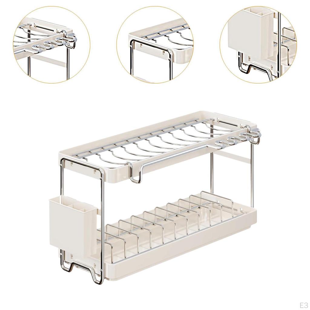 2 Tier Countertop Dish Draining Rack Organizer Kitchen with Drip Tray Space Saving Drainer