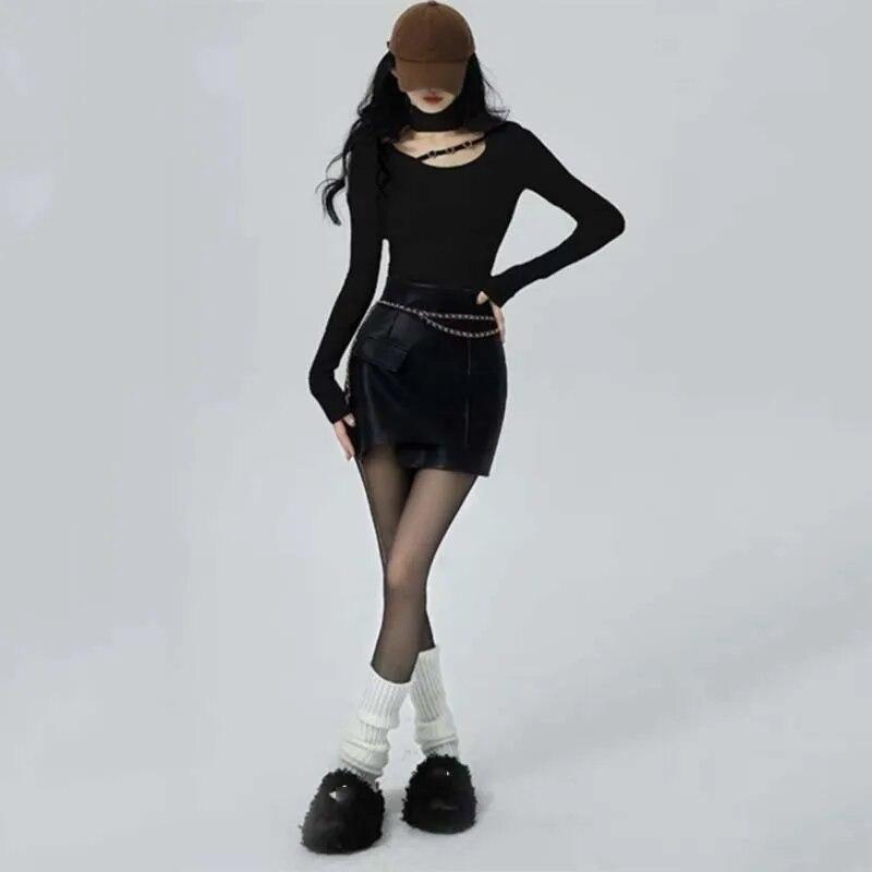 

Полая водолазка с подвесным воротом, нижняя рубашка, сексуальный обтягивающий тонкий женский топ с длинными рукавами в форме сердца, металлическая эластичная ткань BasicFund L чёрный