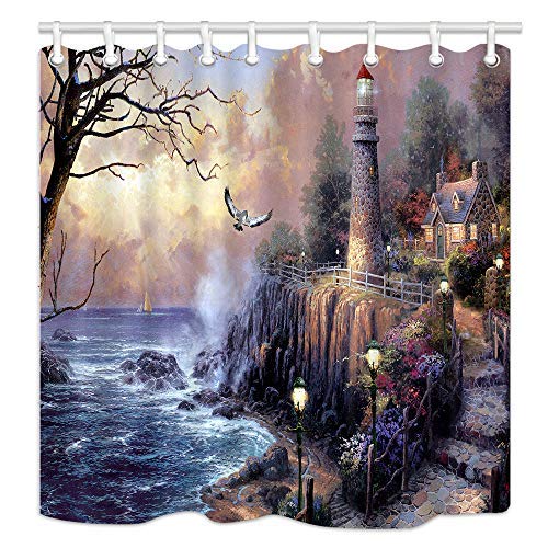 Lighthouse Shower Curtain Bathroom Decor Ocean Sunrise Nautical Seascape Shower Curtains Polyester Fabric Bath Curtain with Hook