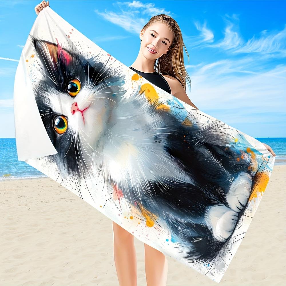 Artistic Tuxedo Cat Towel, Cute Black & White Kitten with Color Splatter on White Background Print Bath Towel Delicate Cat Lover