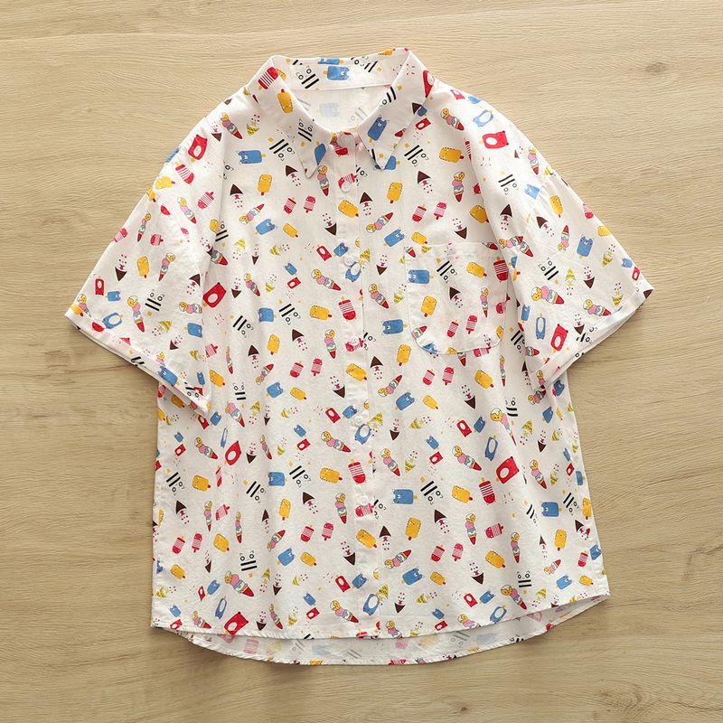 

Рубашка с коротким рукавом для женщин Японский колледж Детская забавная графити-принт Свободного кроя Топ из чистого хлопка Летняя рубашка с рукавом до локтя Модная рубашка Beige One size