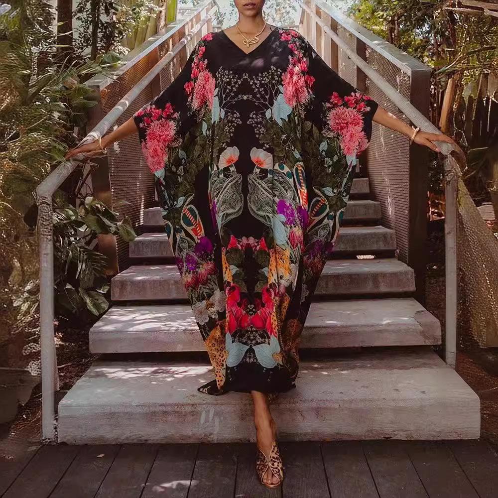 2020 Summer Women's Loose Casual V-neck Long Print Dress