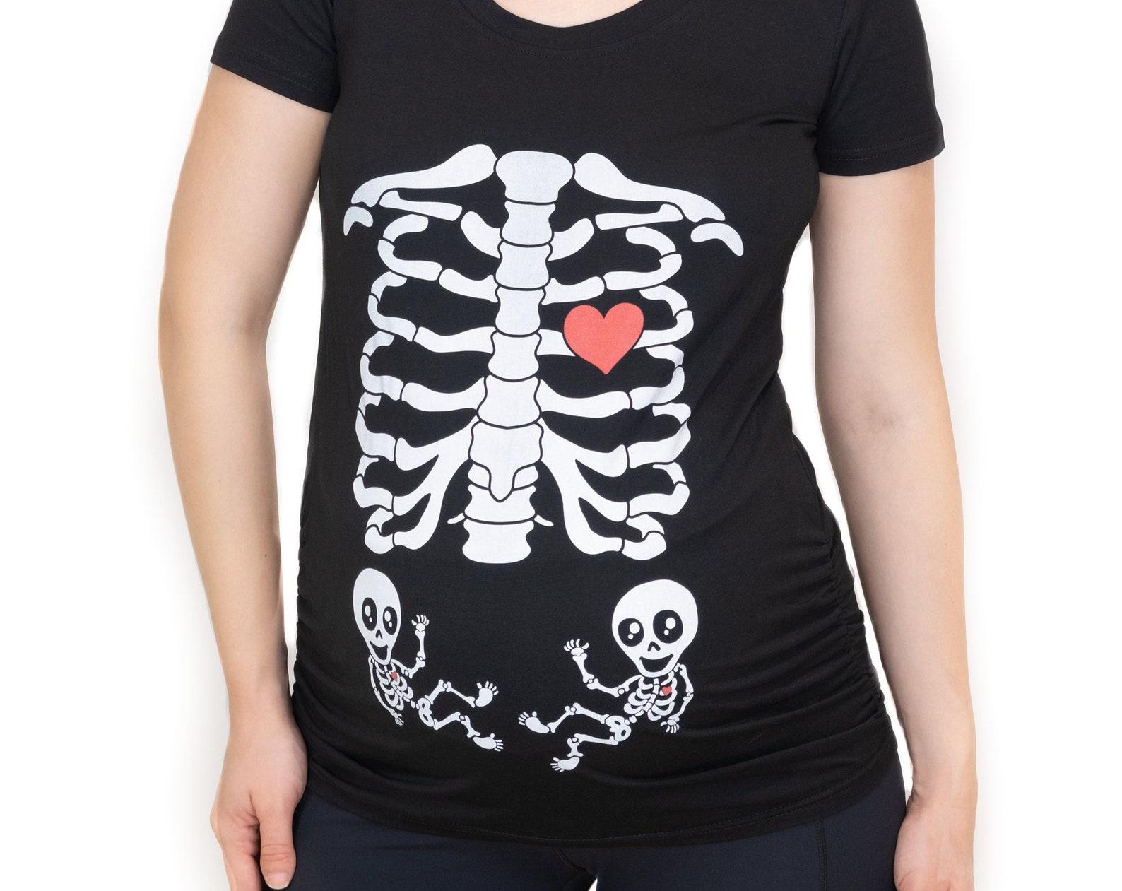 Maternity Twins T-shirt Skeleton Halloween Twin babies Shirt for new Mom Costume Ribcage X-ray Bones Cute Pregnancy Top For her 4XL