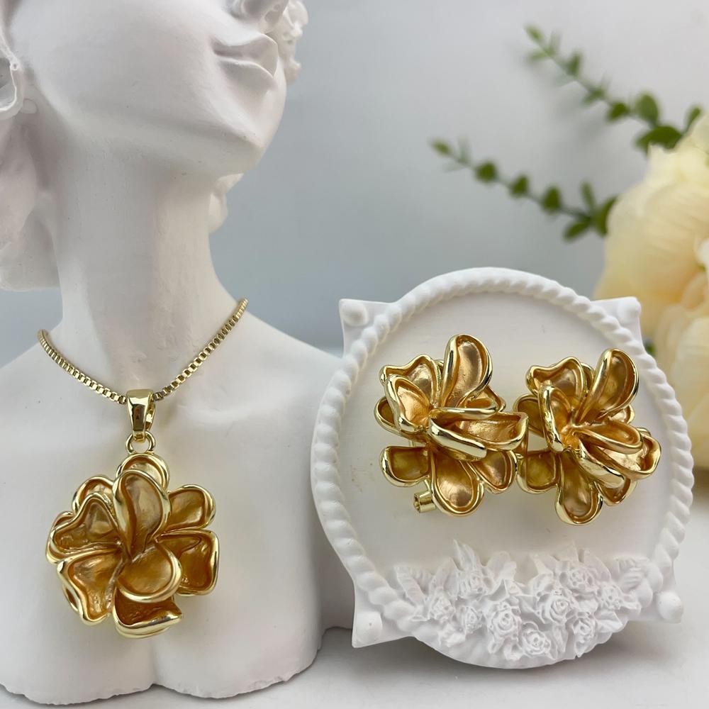Full Gold 3D Flower Jewelry Set Women Necklace Earring Luxury Accessory KY25180