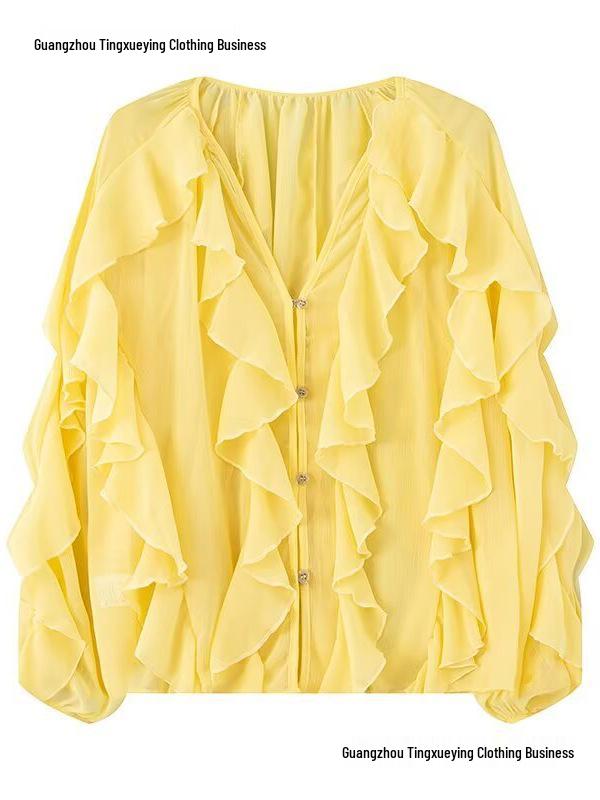 Summer 2026 European & American V-Neck Layered Ruffled Pleated Women's Shirt