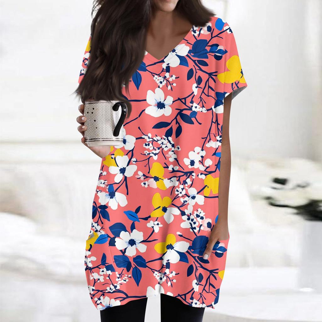 Women's Retro Flower And Leaf Print V-Neck Midi Pocket Short Sleeve Top