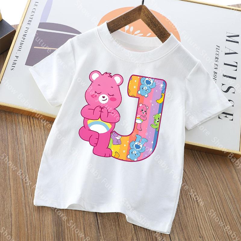 Care Bears Letter AZ T Shirt for Boys Girls Cartoon Name Clothes Tops Summer Breathable Cute Anime Short Sleeve Birthday Gifts