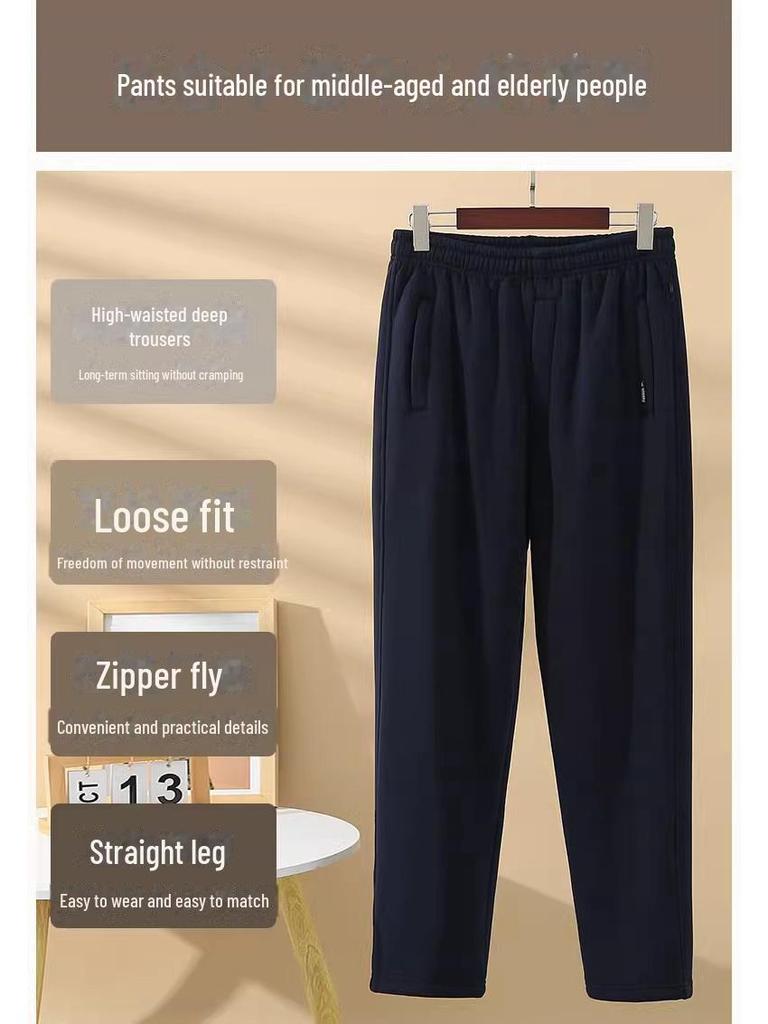 Męskie pluszowe spodnie dresowe z jagnięcej skóry - Pogrubione, o luźnym kroju, zimowe spodnie codzienne dla osób w średnim i starszym wieku.