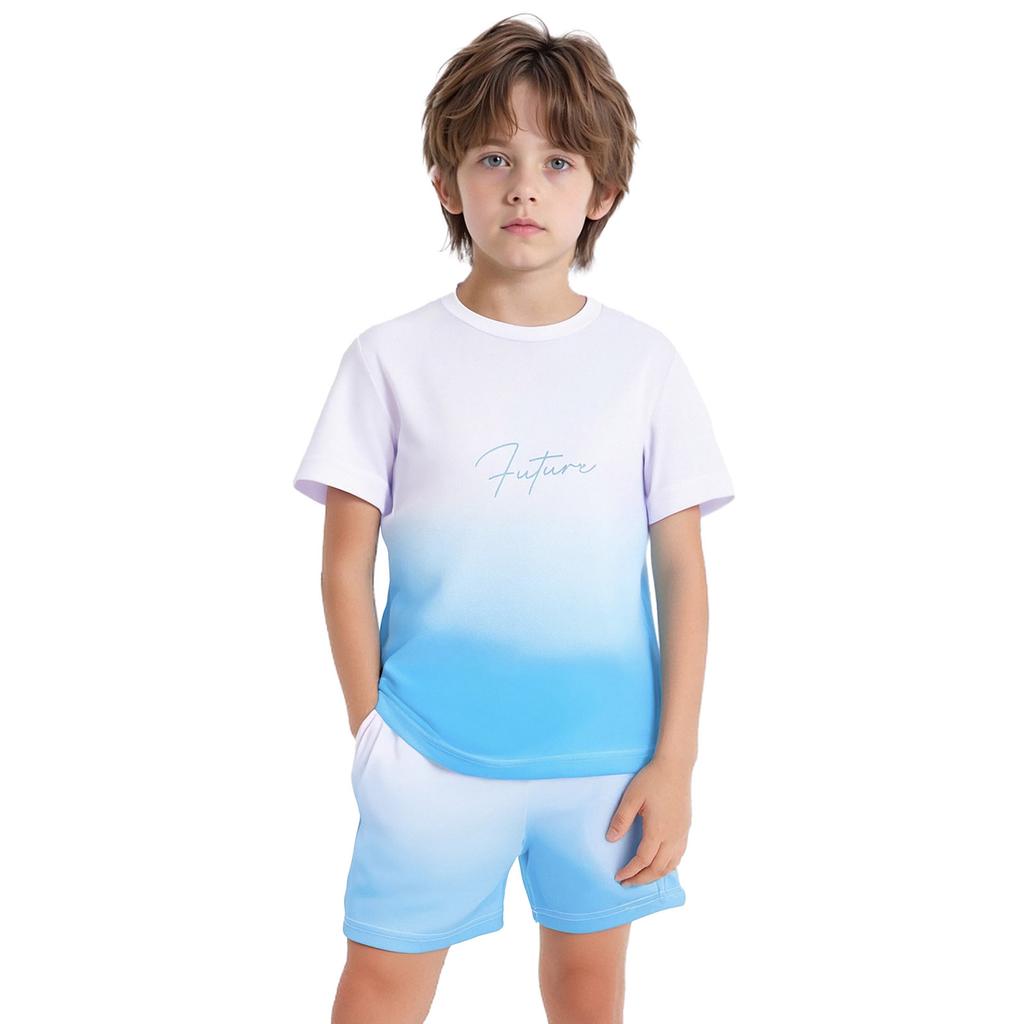 Boys Letter Print Gradient Sports Set Quick Drying Short Sleeve T-Shirt Drawstring Elastic Waist Shorts