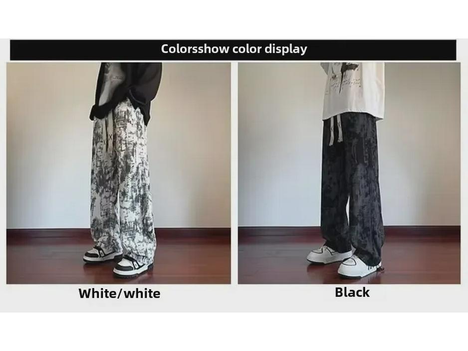 Men's Autumn Tie-Dye Loose-Fit Retro Straight Pants with Velvet