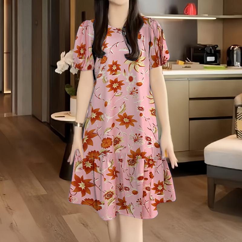 

ZANZEA Women Casual Round Neck Summer Loose Short Sleeve Floral Dress 5XL рожевий