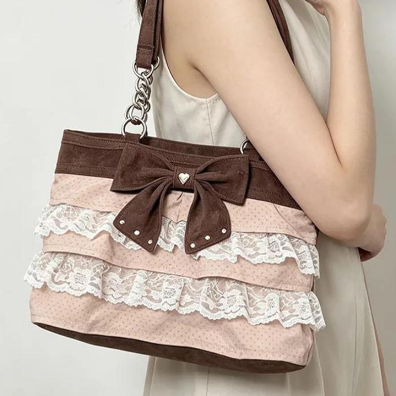 Vintage Lace Bow Tote Bag Women Large Capacity Shoulder Bag With Tiered Lace Trim Chain Design Cute Lightweight Canvas Handbag