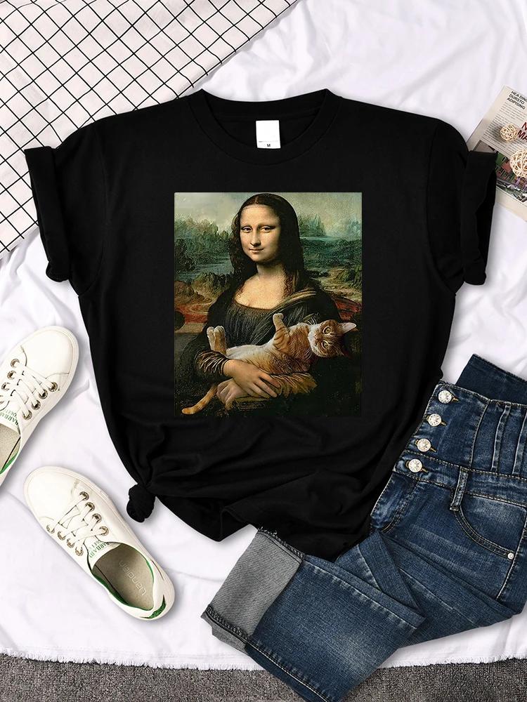 Mona Lisa T Shirts Funny Cat Lovely Cute Printed TShirt for WomenS Crewneck Gothic Women Tshirt Casual Female Tee Shirts