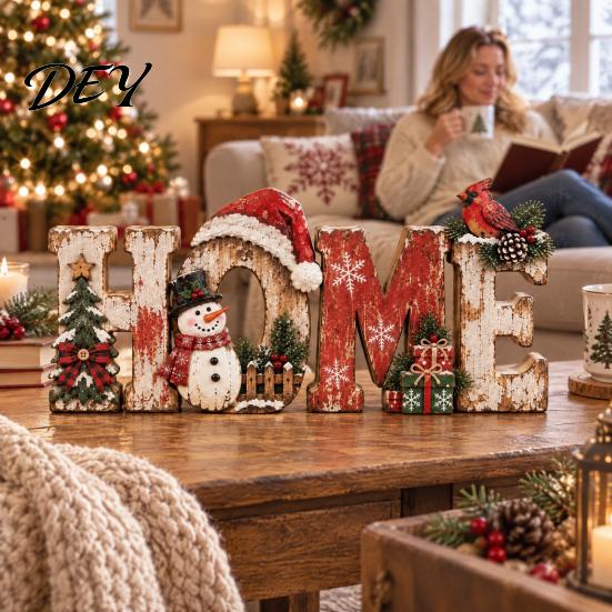 Rustic Christmas Table Centerpieces Wooden Decor, Vintage Centerpiece, HOME Letter Sign with Reusable Fireplace Accents Snowman Bird and Tree