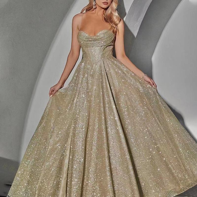 2025 European and American Women's Gold Sprinkled Sleeveless Tube Top Long Skirt Swing Dress