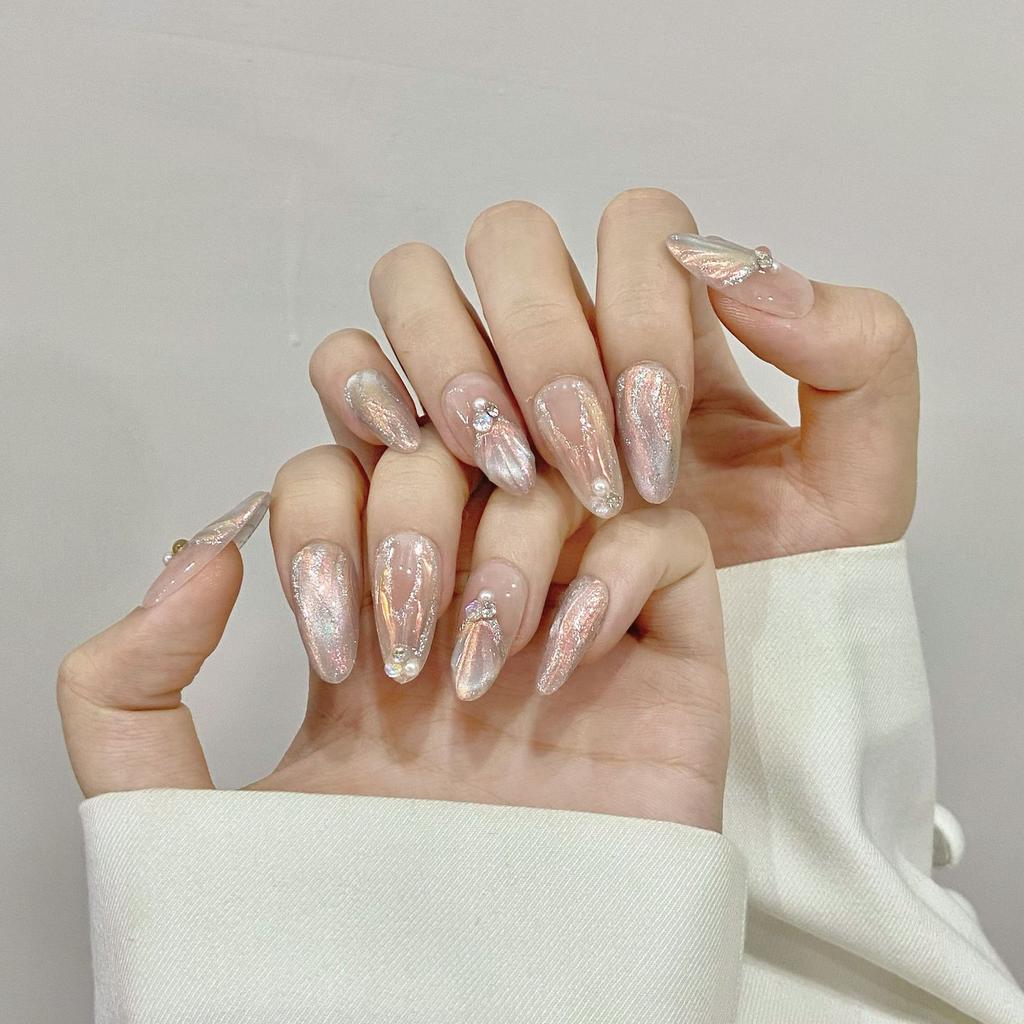 10Pcs Handmade Aurora Press On Nails Long Almond Shape Floral Design Full Cover False Nail Tips For Women