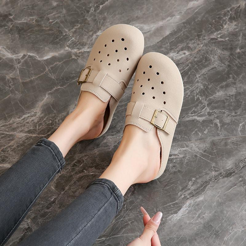Fashion Women's Suede Clog Slippers with Buckle Breathable Boken Fashion Footwear Anti-Slip Soft Sole Outdoor Casual Mules