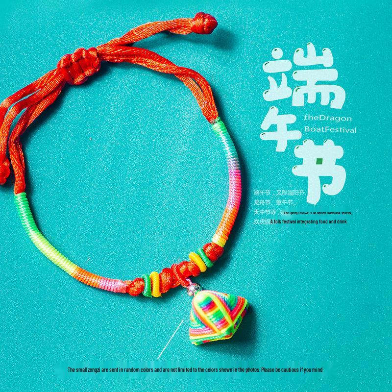 Traditional Dragon Boat Festival Hand-Woven Five-Color Thread Bracelet with Mini Zongzi Charm