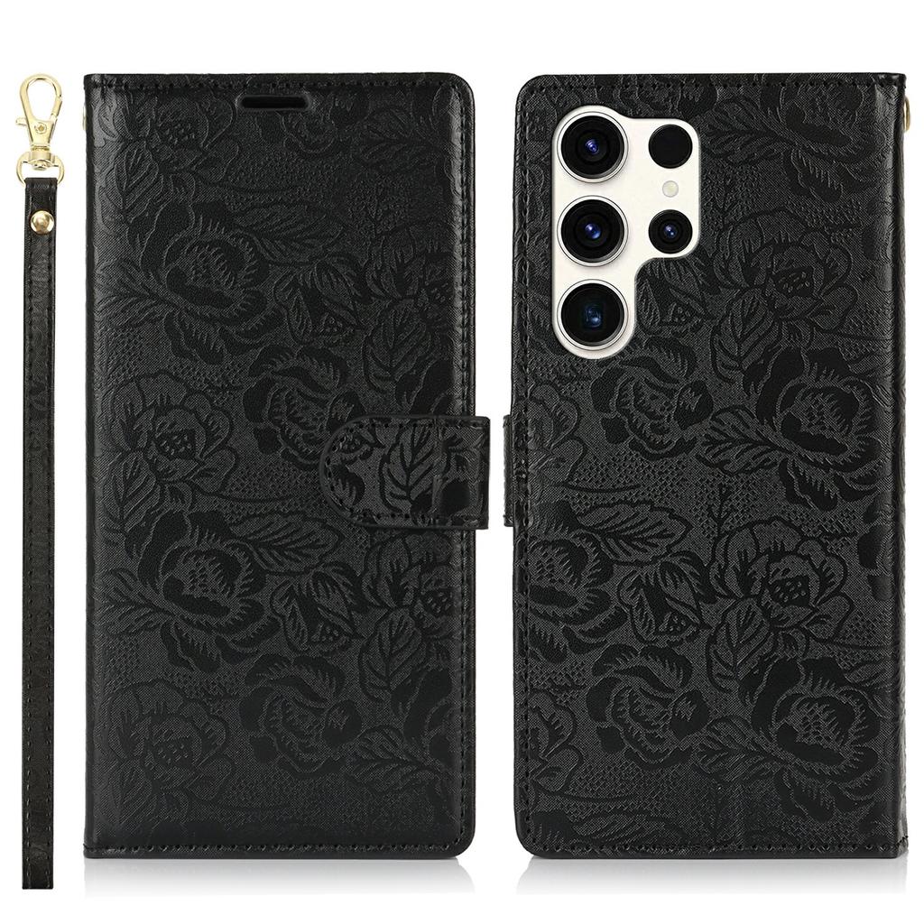 For Samsung Galaxy S25 Ultra Case with Hand Strap Flower Imprint Leather Wallet Phone Cover