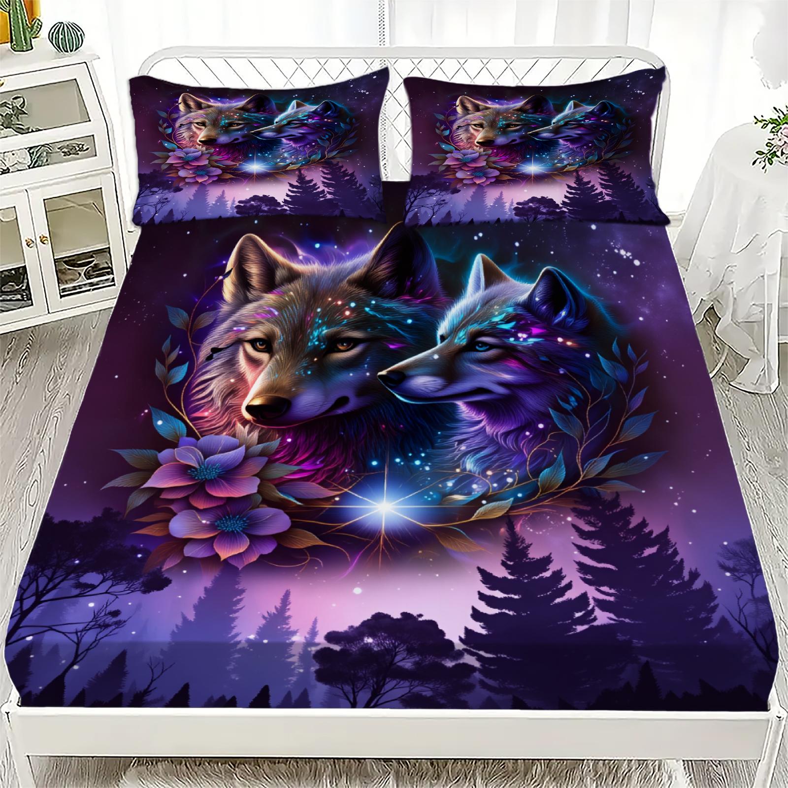 

3pcs Purple Fitted Sheet Sets 3D Printed Dramatic Valley Flowers Wolve And Fox Gifts For Teen Boys Soft Washable Flat Sheet 160x200x25cm