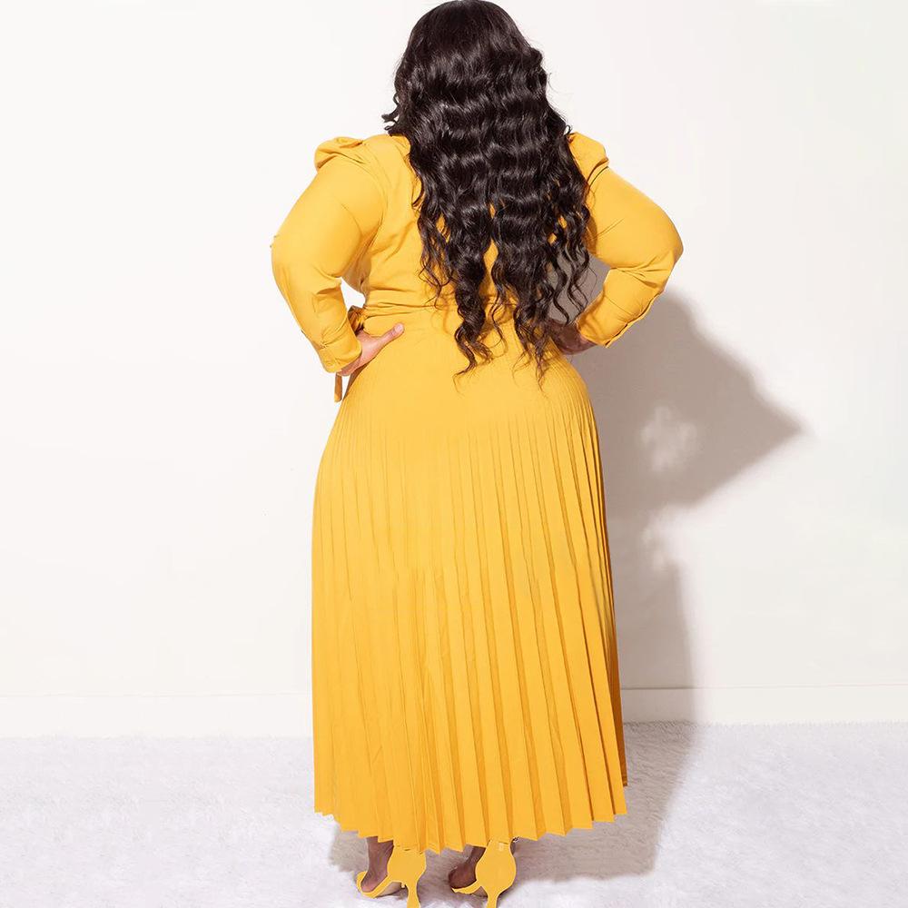 Spring and Autumn Plus Size Women's V-Neck Tie Long Sleeve Pleated Fitting Temperament Dress