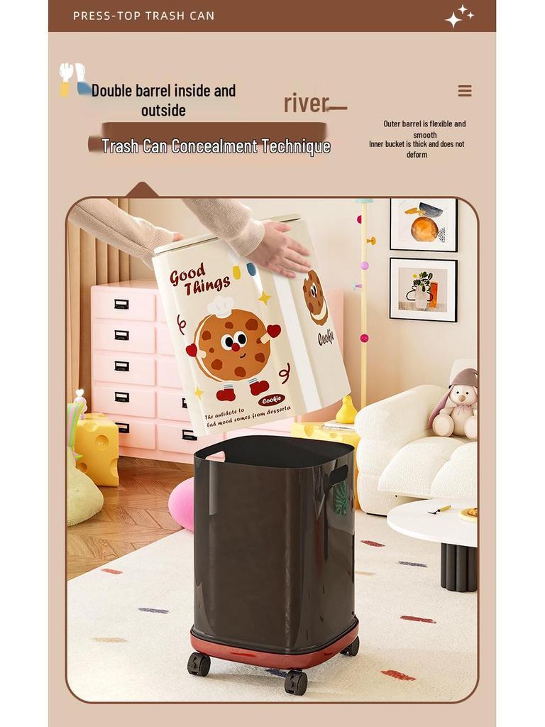Wheeled Double Barrel Cartoon Trash Can with Lid for Living Room & Bedroom