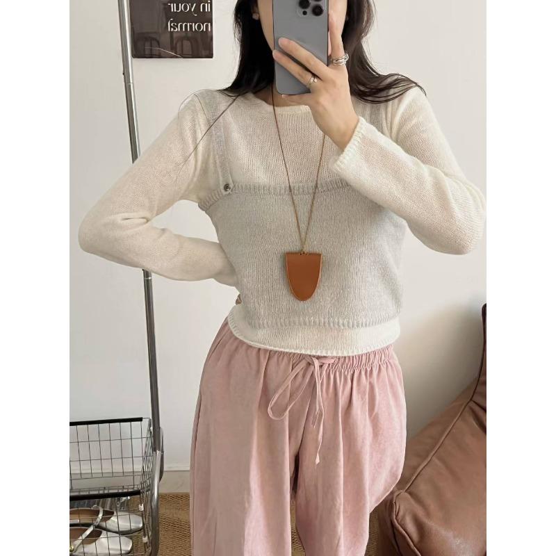 

Осенне-зимний милый и пикантный мягкий ворсистый свитер-двойка, белая футболка с маленьким топом на бретелях, вязаный жилет для женщин one size fits all светло-серый