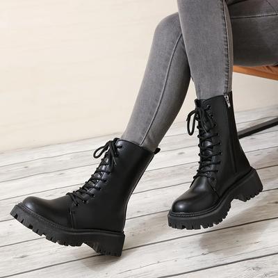 Women's Solid Color Combat Boots Lace Up Side Zipper Boots 2025 Faux Leather Shoes for Women Plus Size 42 Ankle Boots