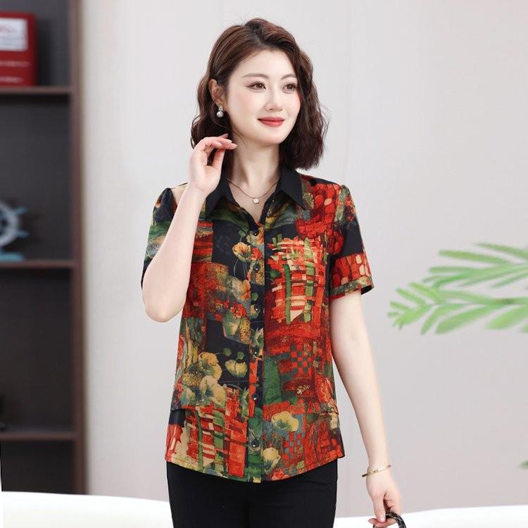 

Mom s Summer Lapel Loose Short-Sleeve Shirt - Stylish, Casual, Age-Reducing Top 5XL (suggested 150-165 kg) красный