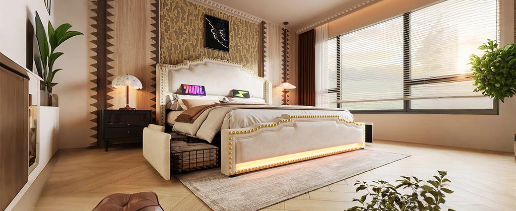 Upholstered Bed 140×200, Double Bed with 4 Drawers, LED Lighting USB-C Charging Port, Youth Bed with Slatted Base, Velvet, Beige, Without Mattress