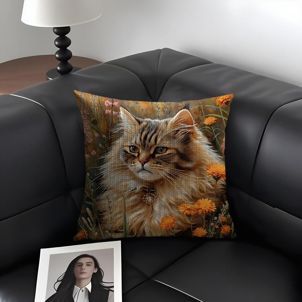 Cat And Flower Fashion Cushion Cover Natural Linen Organic Fabric DoubleSided Printing Sofa Home Decor Gift Pillow Case
