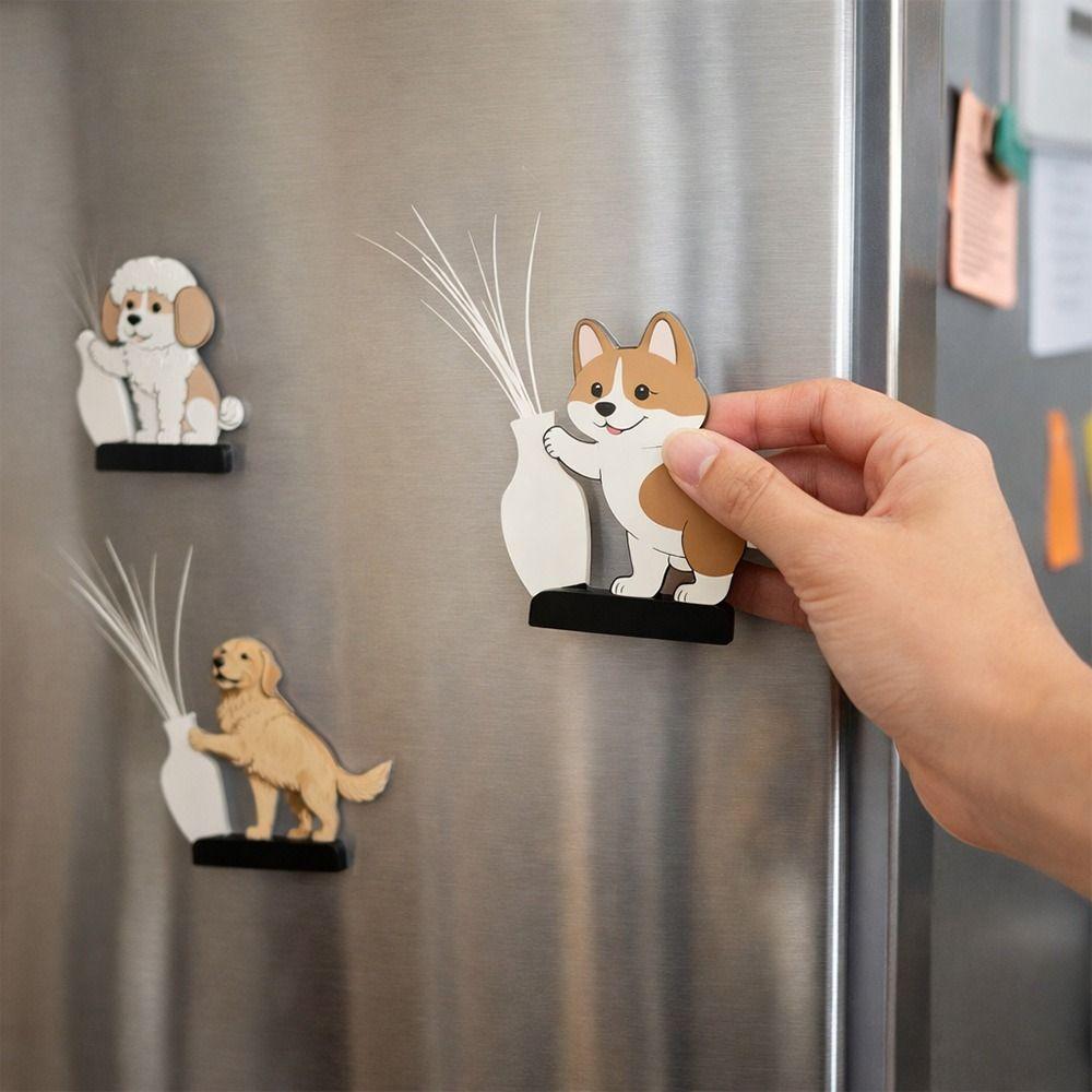 Mini Puppy Pushing a Vase Ornament Push Bottle Refrigerator Magnet Whiskers Storage Refrigerator Magnet Cartoon