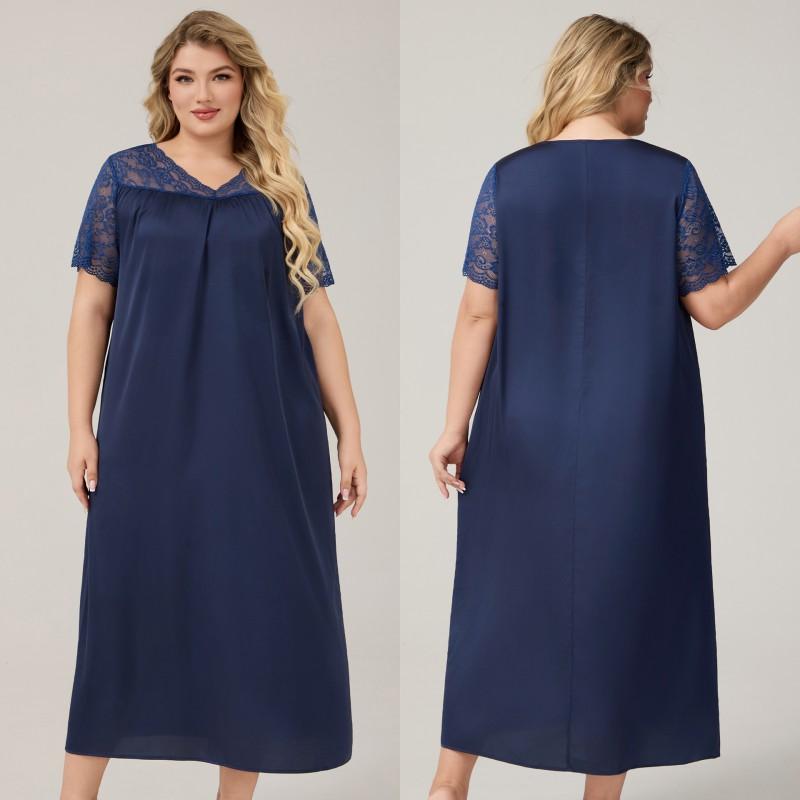 Plus Size Womens Lightweight Satin Sleep Dress V-Neck Short Sleeve Loose Nightgown Fall Home Lounge