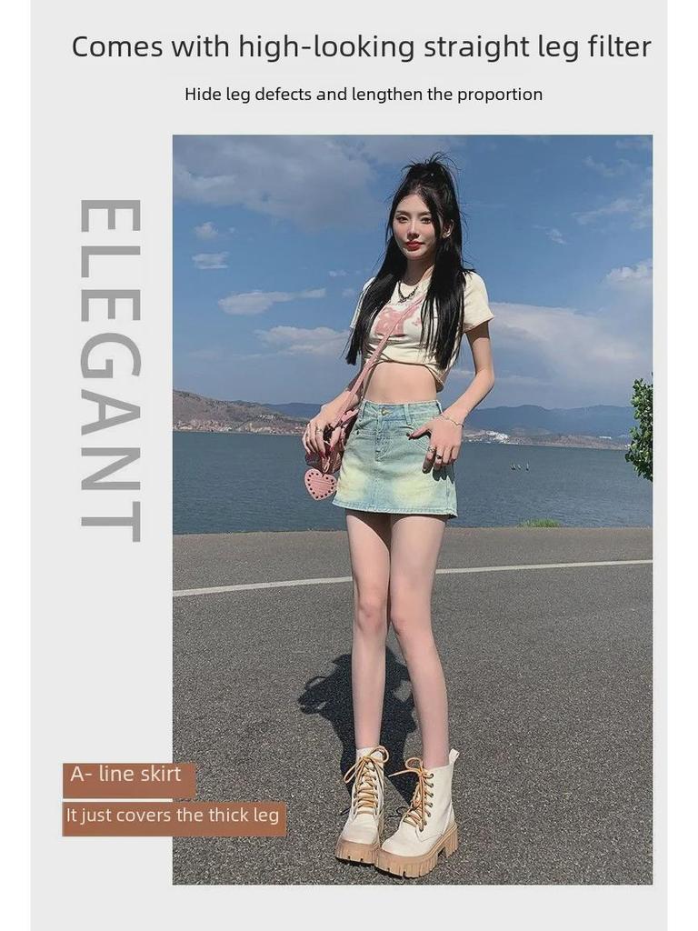 Women's High Waist Retro Denim Skort: A-Line, Anti-Exposure, Small Size