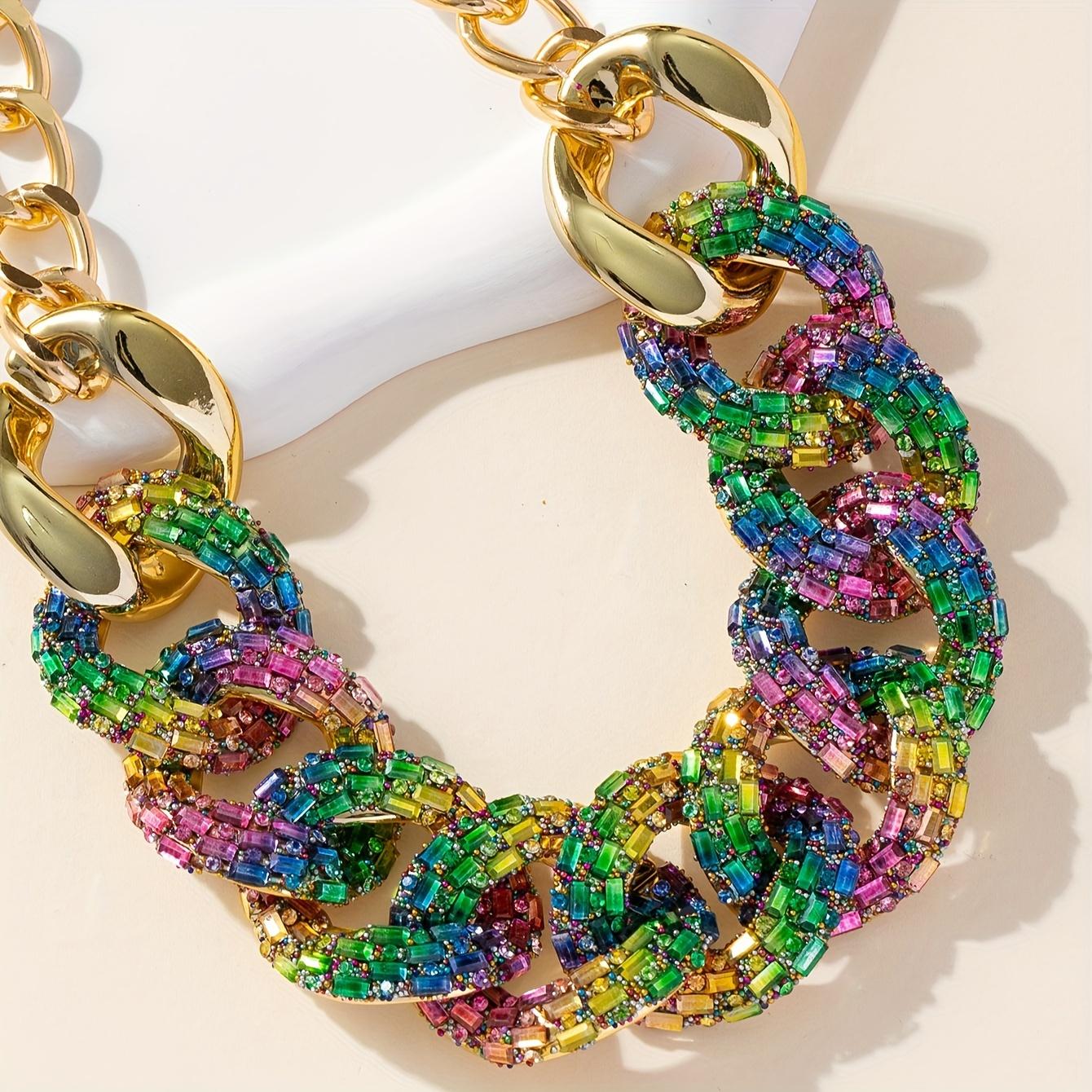 

Богемный стиль, красочные массивные хип-хоп панк стразы цепи ожерелье и серьги комплект ювелирных изделий разноцветный